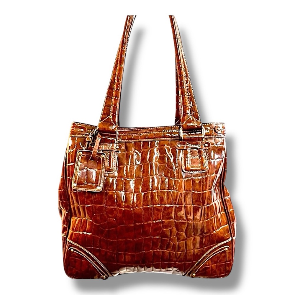 LIZ CLAIBORNE Vintage 1990s Faux Patent and Croc Brown Tote or Shoulder Bag